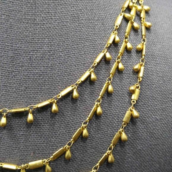 Boho Layered Necklace, Three Strands, Tear Drop Dangles, Gold Tone, 18 Inches - Picture 4 of 8
